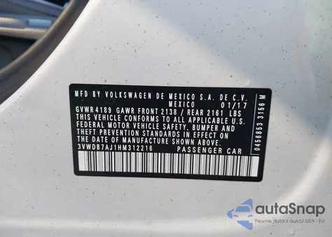 2017 Volkswagen Jetta 1.4T Se z USA, uszkodzony, nr VIN 3VWDB7AJ1HM312216